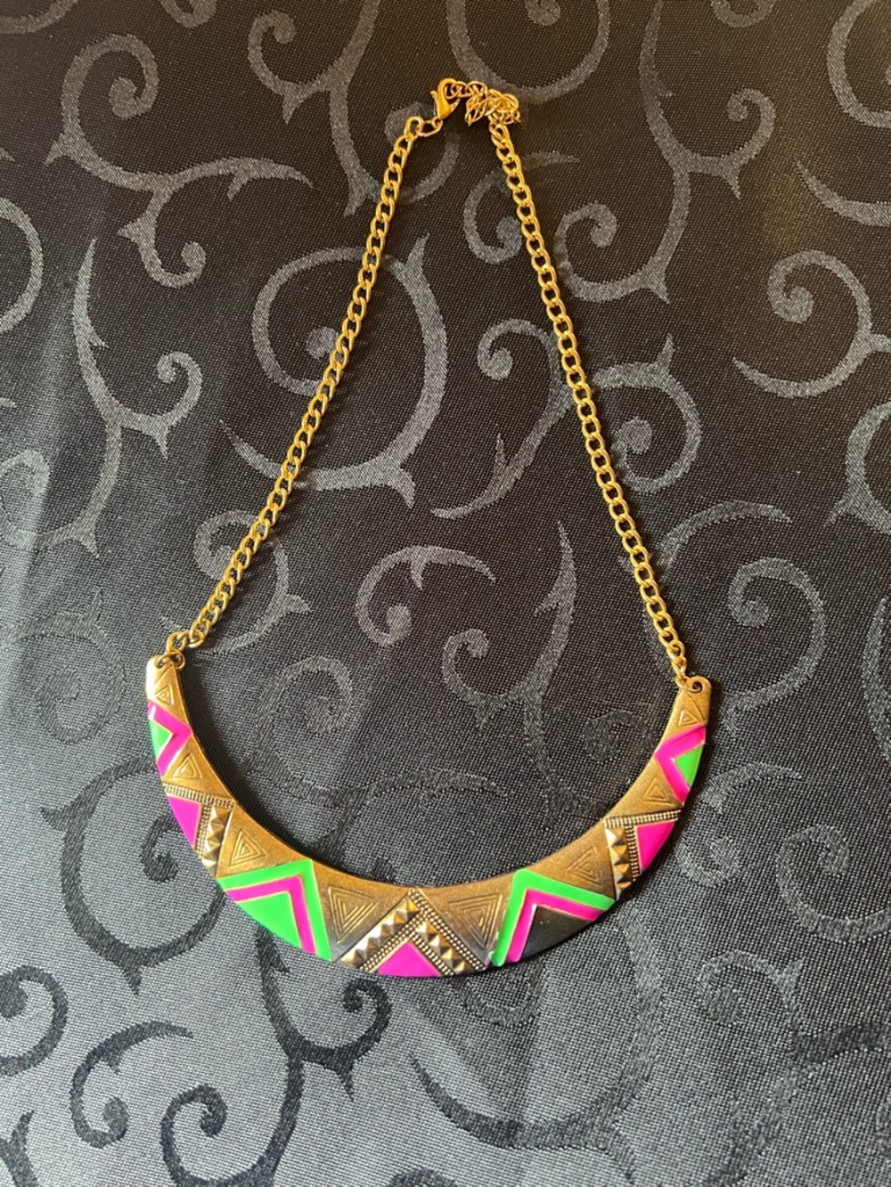 Vintage 80s Gold-Tone Statement Collar with Pink & Green Accents